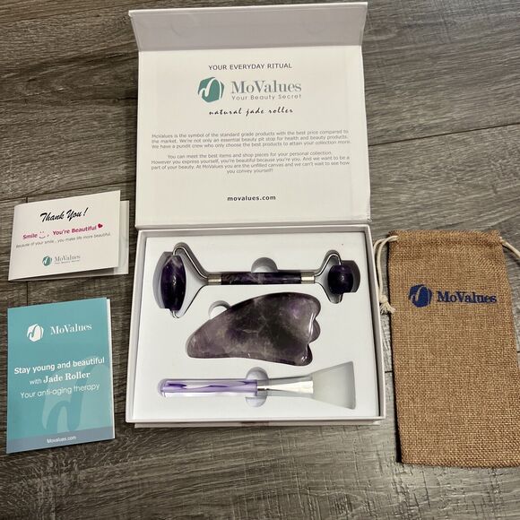 NEW MoValues Original Jade Roller & Gua Sha Facial Tools Kit NEW IN BOX Purple - Picture 1 of 14